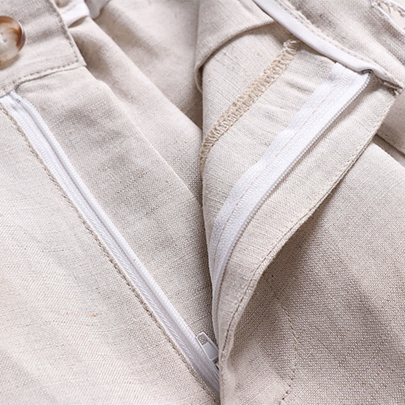 Buddha Stones Pantaloni da uomo in cotone e lino con gamba larga, tasche e design elastico in vita con cerniera estiva - image 3