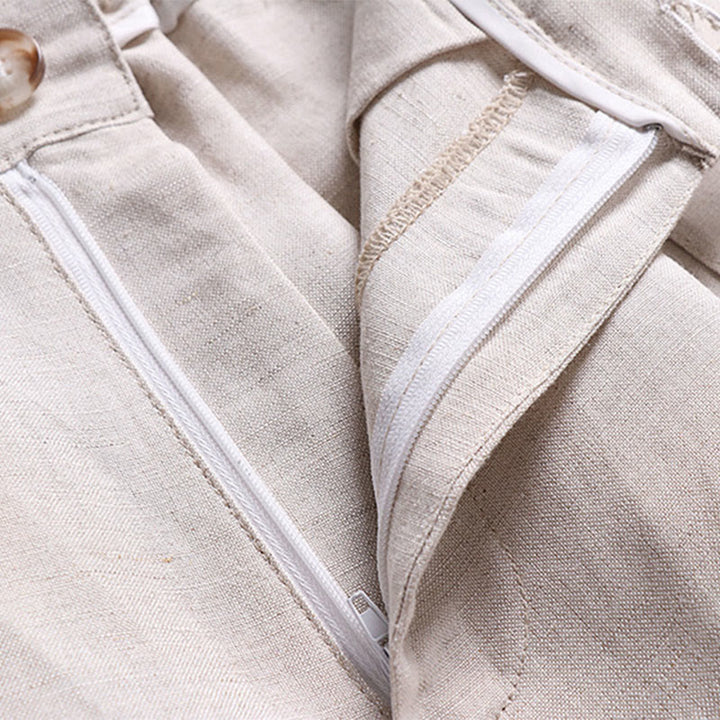 Buddha Stones Pantaloni da uomo in cotone e lino con gamba larga, tasche e design elastico in vita con cerniera estiva - image 3