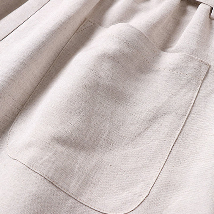 Buddha Stones Pantaloni da uomo in cotone e lino con gamba larga, tasche e design elastico in vita con cerniera estiva - image 7