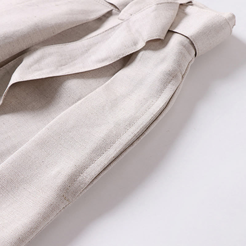 Buddha Stones Pantaloni da uomo in cotone e lino con gamba larga, tasche e design elastico in vita con cerniera estiva - image 4