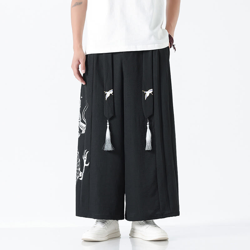 Buddha Stones Pantaloni larghi da uomo in cotone con coulisse, alla caviglia, con tasche e motivo a drago estivo - Nero - US/UK/AU42, EU52 (3XL) - image 8