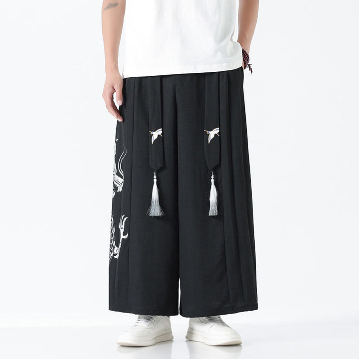 Buddha Stones Pantaloni larghi da uomo in cotone con coulisse, alla caviglia, con tasche e motivo a drago estivo - Nero - US/UK/AU42, EU52 (3XL) - image 8