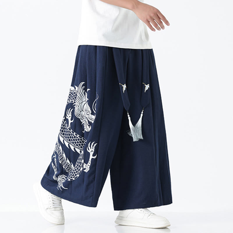Buddha Stones Pantaloni larghi da uomo in cotone con coulisse, alla caviglia, con tasche e motivo a drago estivo - SteelBlue - US/UK/AU42, EU52 (3XL) - image 0