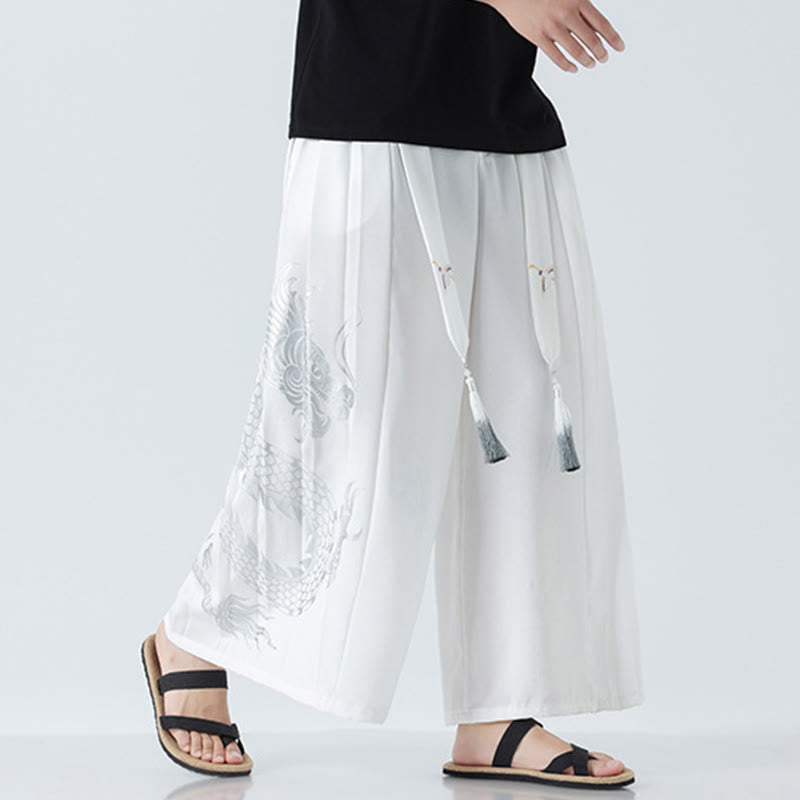 Buddha Stones Pantaloni larghi da uomo in cotone con coulisse, alla caviglia, con tasche e motivo a drago estivo - image 37