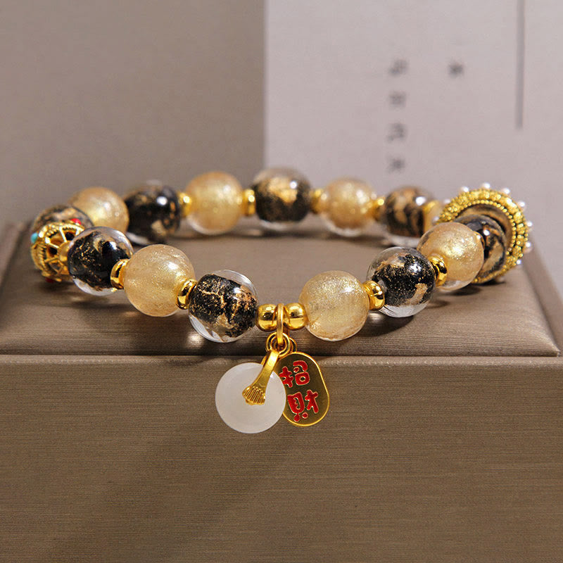 Buddha Stones Braccialetto di benedizione con fibbia per la pace e perline di vetro Liuli in oro nero che attraggono ricchezza - 14-16 cm - image 0