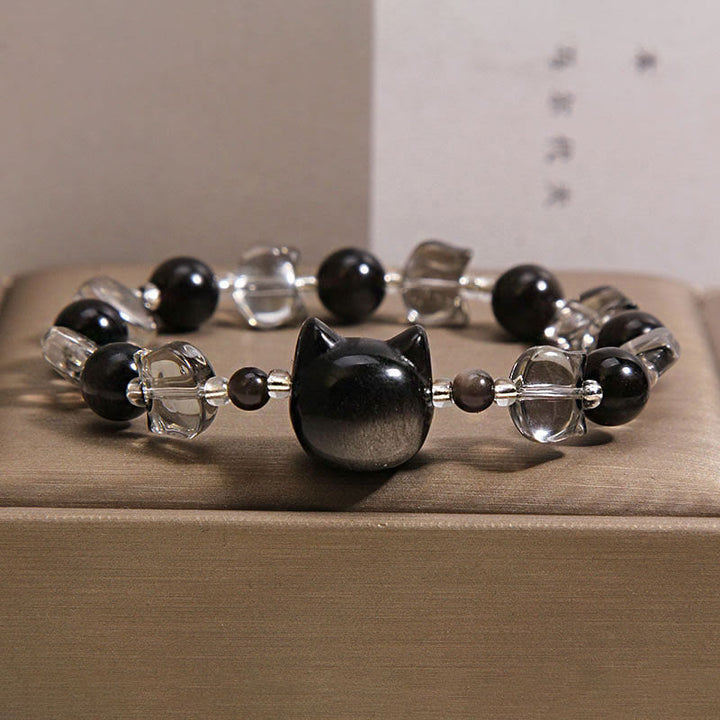 Buddha Stones Braccialetto di forza purificante con testa di gatto in ossidiana nera - Ossidiana nera (circonferenza del polso: 14-16 cm) - image 0