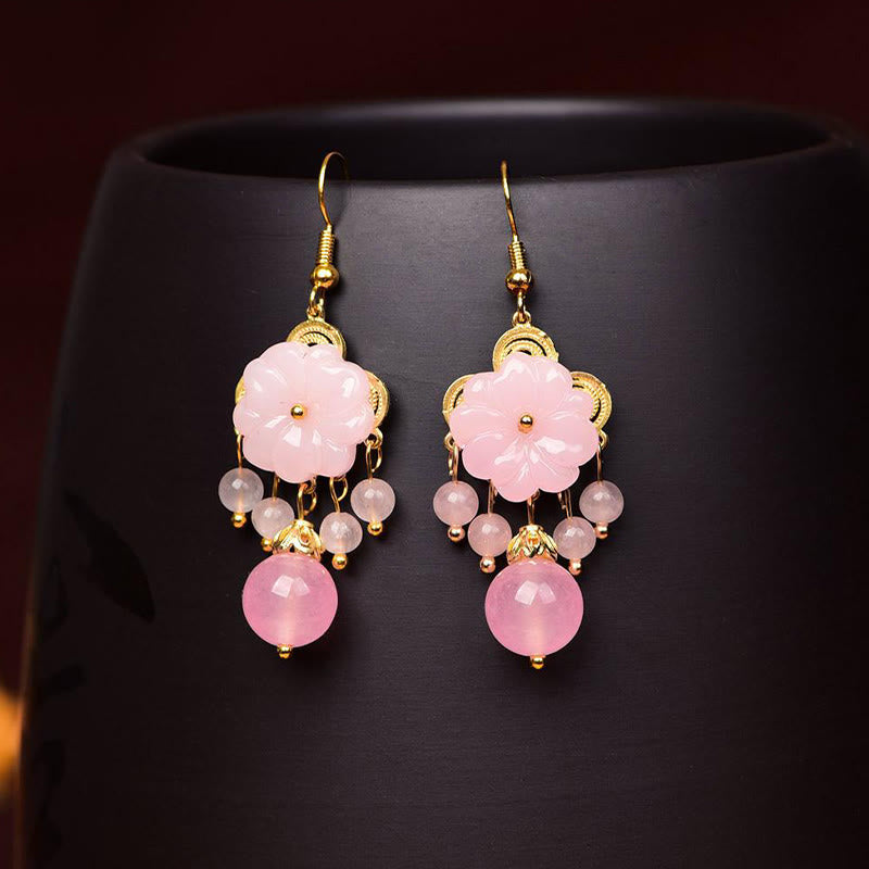 Buddha Stones Orecchini pendenti in vetro Liuli con fiori rosa e verdi - image 6