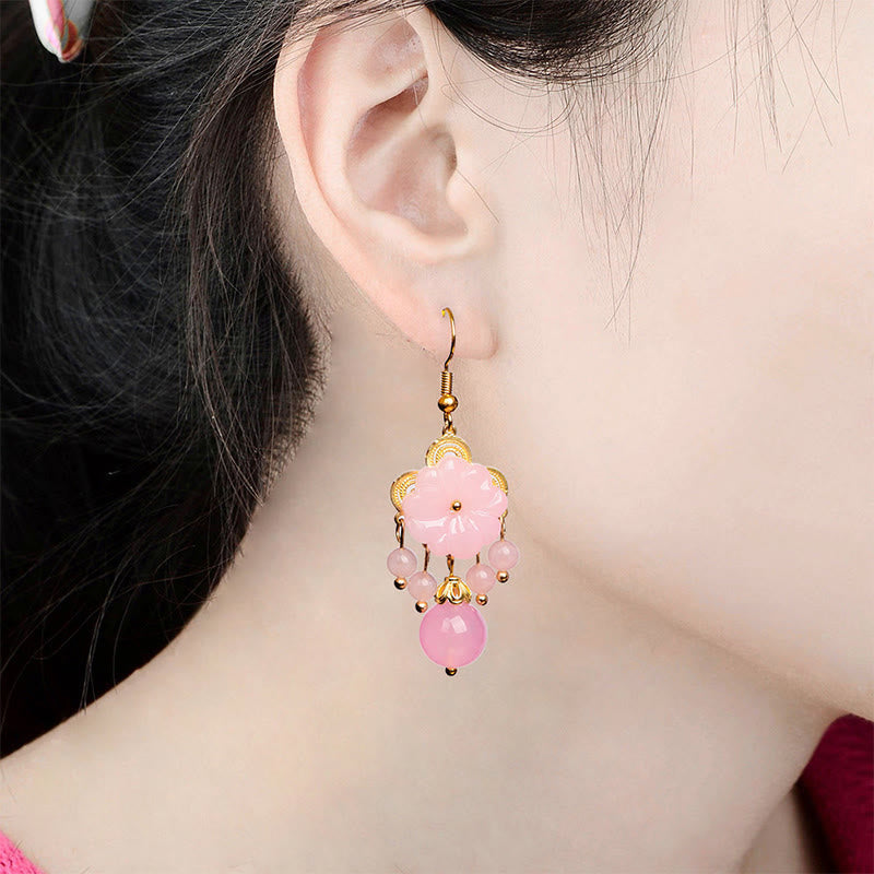 Buddha Stones Orecchini pendenti in vetro Liuli con fiori rosa e verdi - image 7