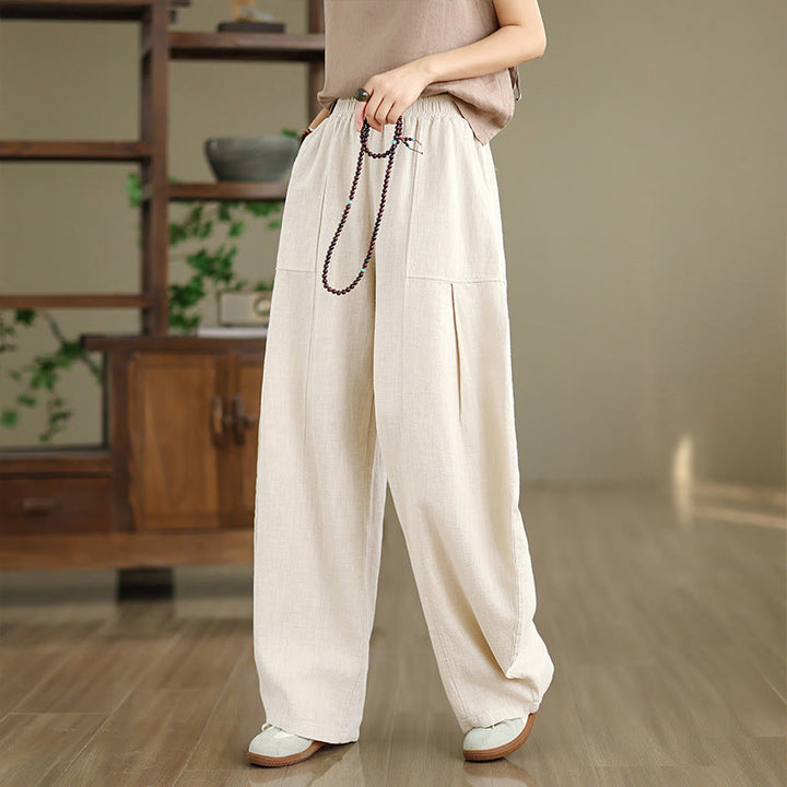 Buddha Stones Pantaloni da donna in cotone e lino tinta unita con gamba dritta e tasche - image 1