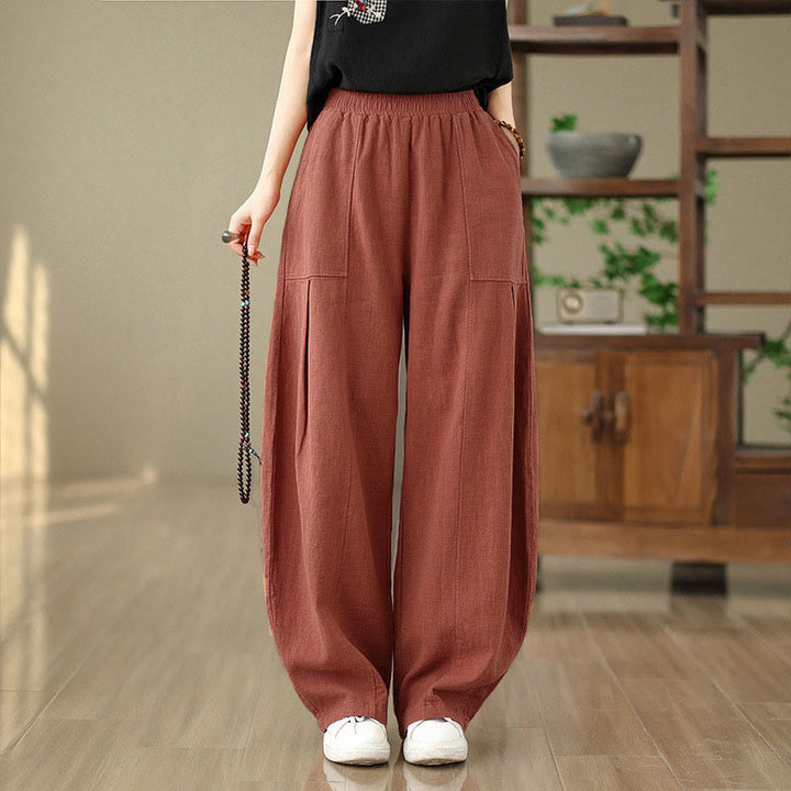 Buddha Stones Pantaloni da donna in cotone e lino tinta unita con gamba dritta e tasche - image 8