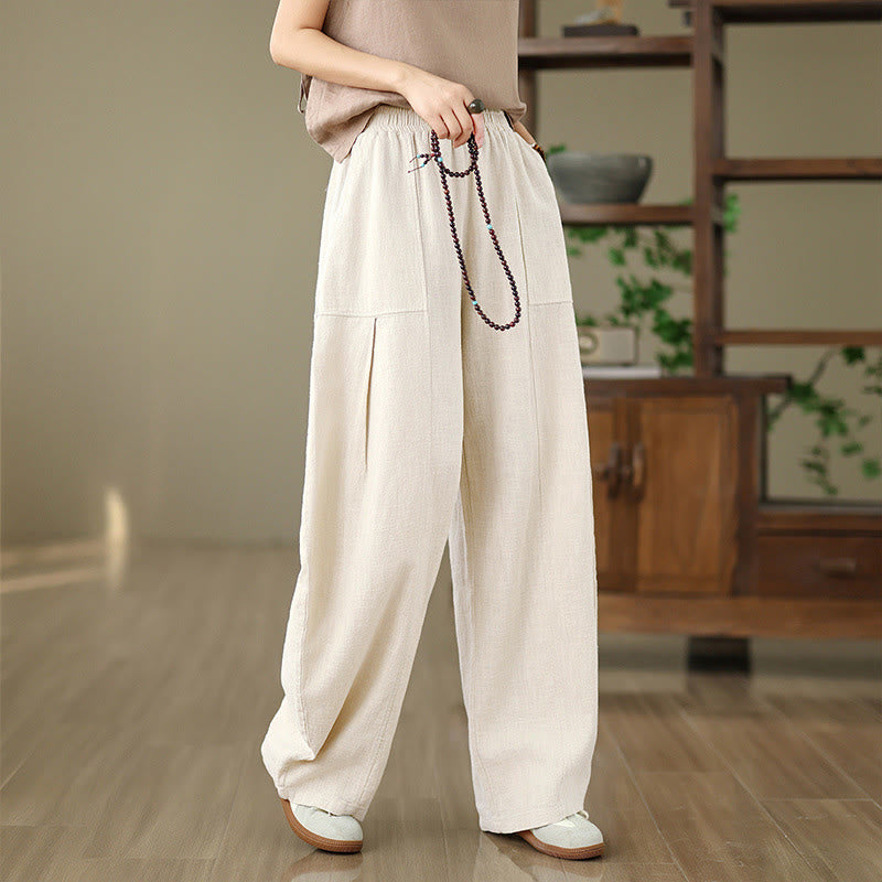 Buddha Stones Pantaloni da donna in cotone e lino tinta unita con gamba dritta e tasche - image 6
