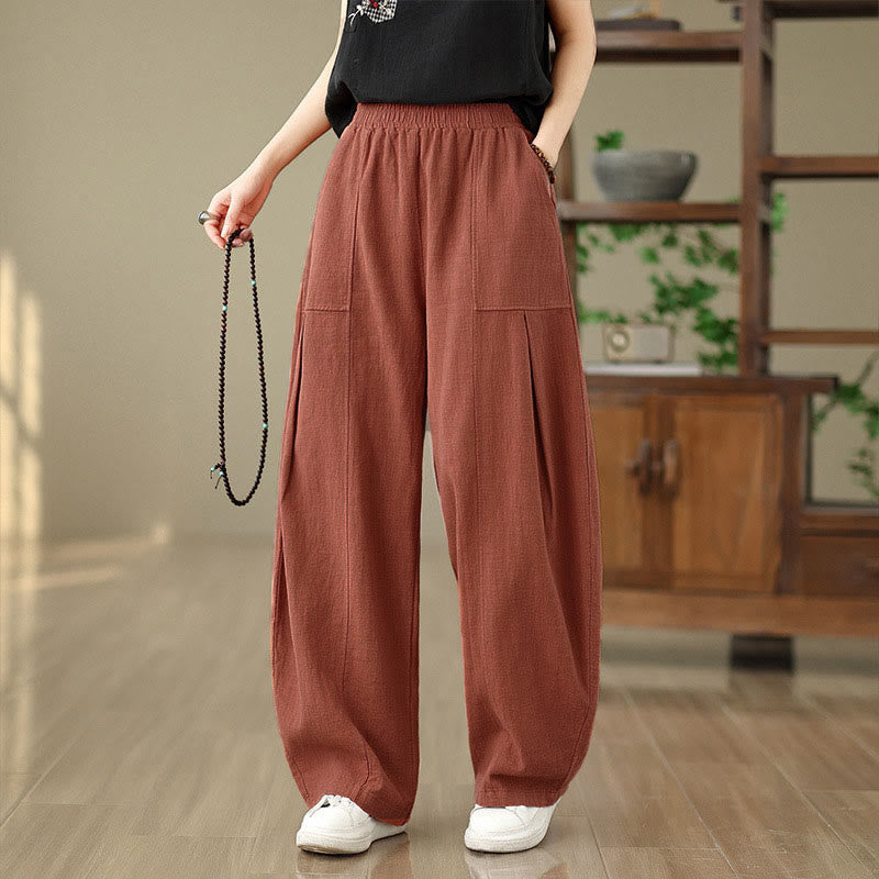 Buddha Stones Pantaloni da donna in cotone e lino tinta unita con gamba dritta e tasche - image 9