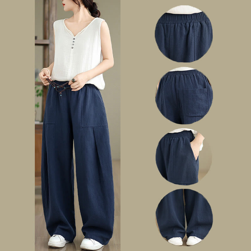 Buddha Stones Pantaloni da donna in cotone e lino tinta unita con gamba dritta e tasche - image 23