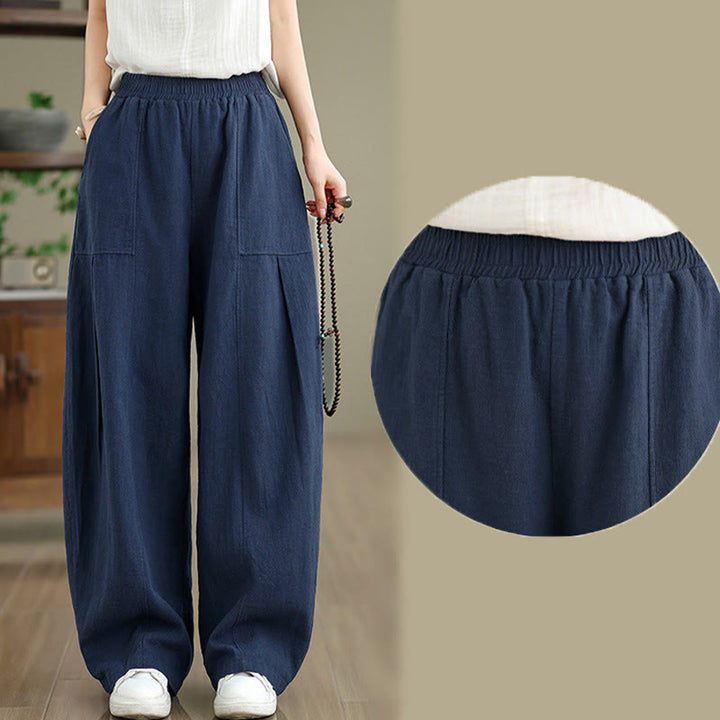 Buddha Stones Pantaloni da donna in cotone e lino tinta unita con gamba dritta e tasche - image 22