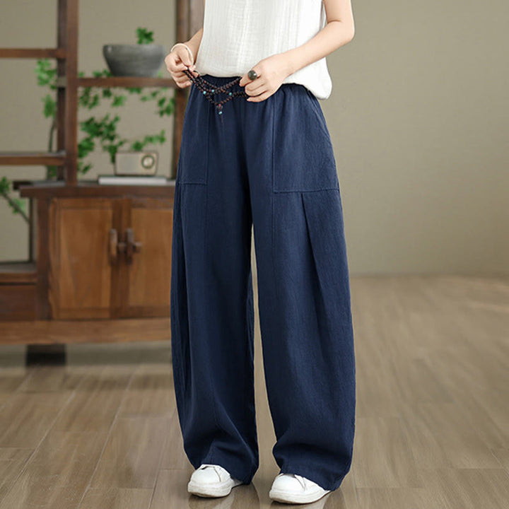 Buddha Stones Pantaloni da donna in cotone e lino tinta unita con gamba dritta e tasche - image 19