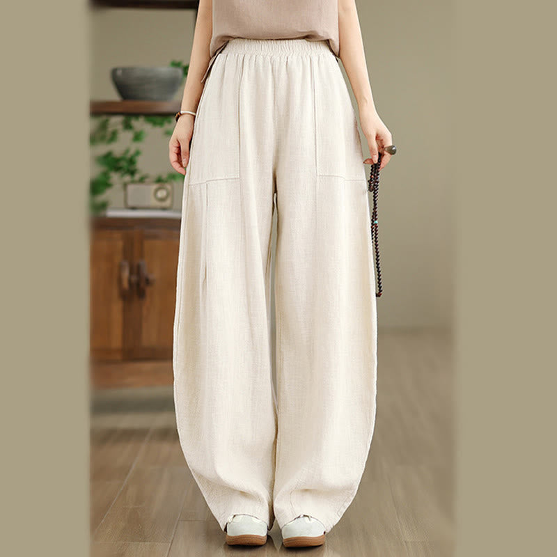 Buddha Stones Pantaloni da donna in cotone e lino tinta unita con gamba dritta e tasche - image 5