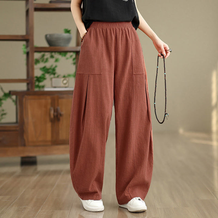 Buddha Stones Pantaloni da donna in cotone e lino tinta unita con gamba dritta e tasche - image 12