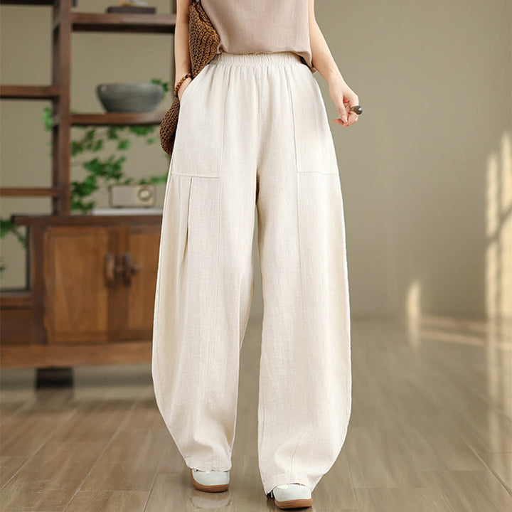 Buddha Stones Pantaloni da donna in cotone e lino tinta unita con gamba dritta e tasche - image 2