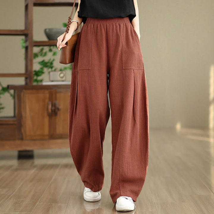 Buddha Stones Pantaloni da donna in cotone e lino tinta unita con gamba dritta e tasche - image 13