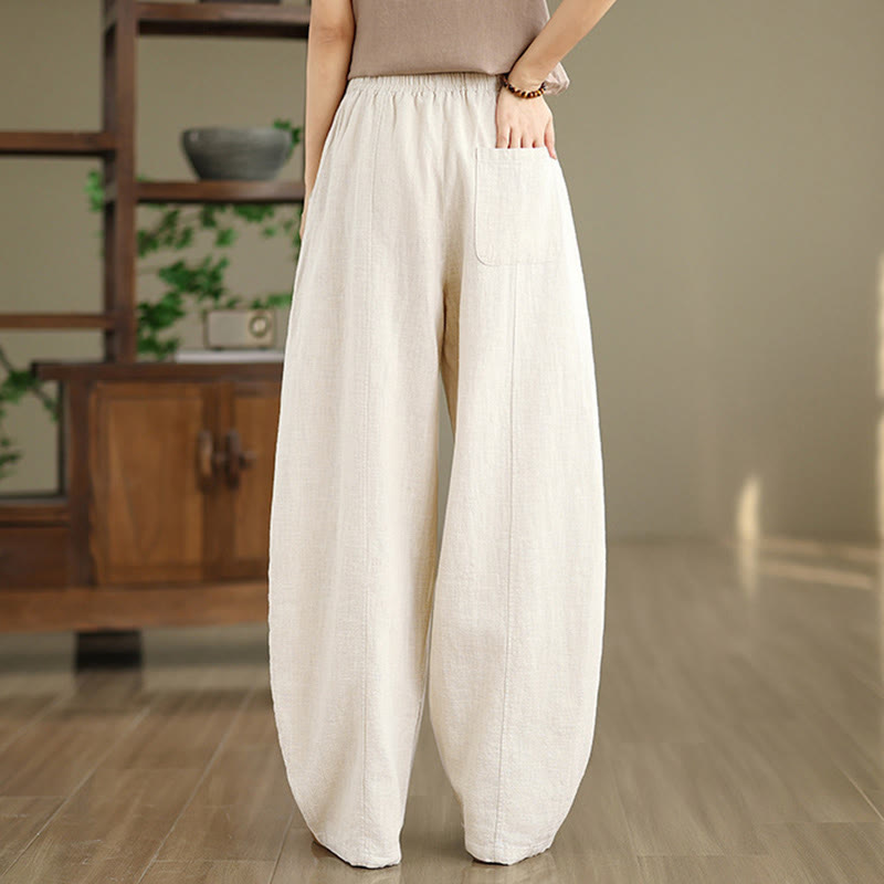 Buddha Stones Pantaloni da donna in cotone e lino tinta unita con gamba dritta e tasche - image 4
