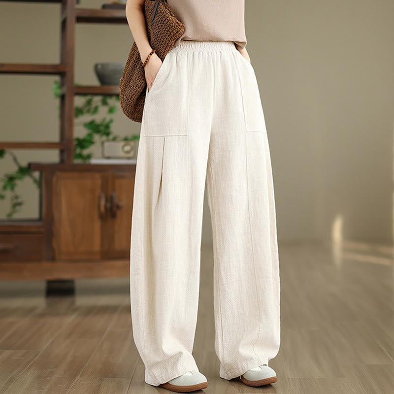 Buddha Stones Pantaloni da donna in cotone e lino tinta unita con gamba dritta e tasche - image 3