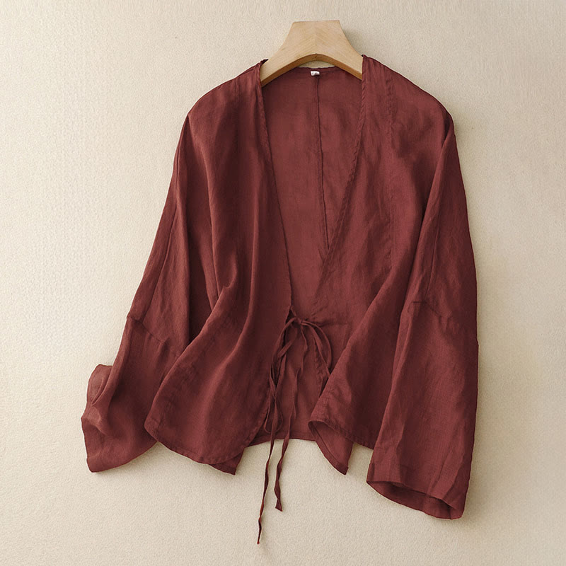 Buddha Stones Kimono estivo da donna con maniche lunghe e lacci, aperto sul davanti - Rosso scuro - US12, UK/AU16, EU44 (XL) - image 0