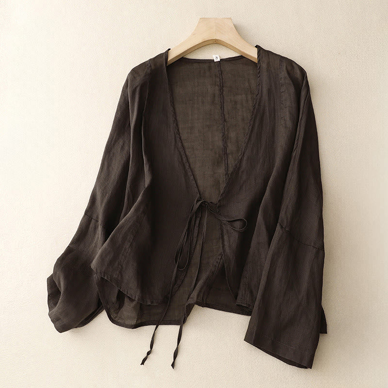 Buddha Stones Kimono estivo da donna con maniche lunghe e lacci, aperto sul davanti - Marrone sella - US12, UK/AU16, EU44 (XL) - image 12