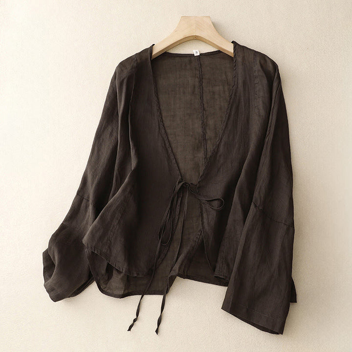 Buddha Stones Kimono estivo da donna con maniche lunghe e lacci, aperto sul davanti - Marrone sella - US12, UK/AU16, EU44 (XL) - image 12