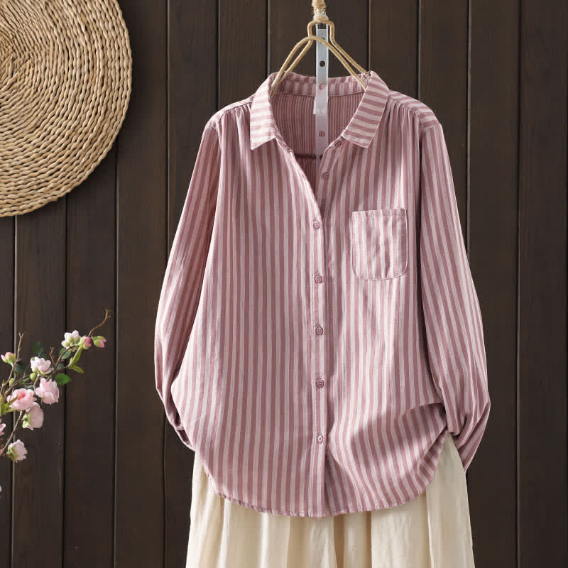 Buddha Stones Camicia da donna in cotone con bottoni e maniche lunghe a righe verticali primaverili e tasche decorative - Rosa chiaro - US8-10, UK/AU12-14, EU40-42 (2XL) - image 0