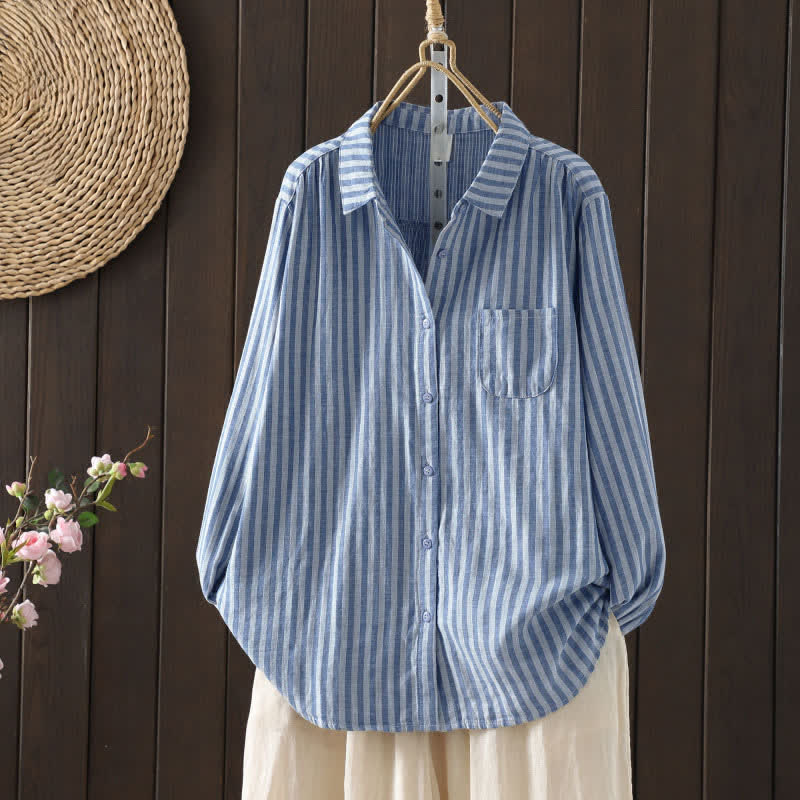 Buddha Stones Camicia da donna in cotone con bottoni e maniche lunghe a righe verticali primaverili e tasche decorative - Blu fiordaliso - US8-10, UK/AU12-14, EU40-42 (2XL) - image 3