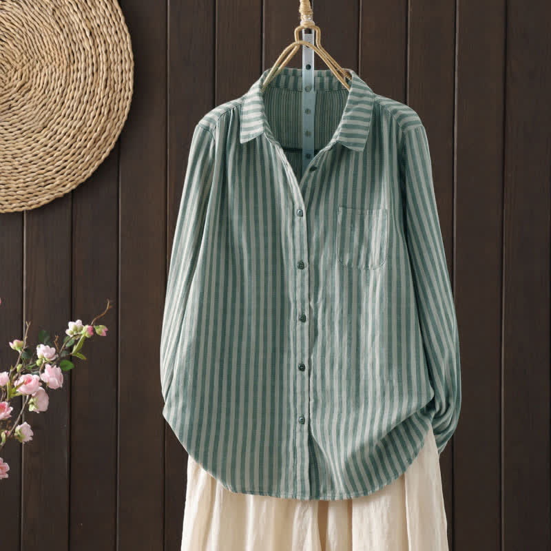 Buddha Stones Camicia da donna in cotone con bottoni e maniche lunghe a righe verticali primaverili e tasche decorative - Verde Mare Chiaro - US8-10, UK/AU12-14, EU40-42 (2XL) - image 5