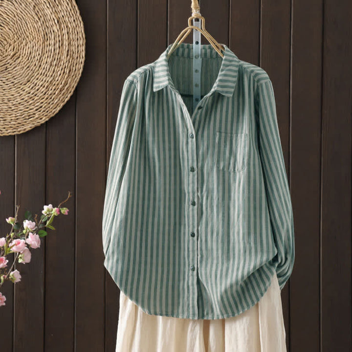 Buddha Stones Camicia da donna in cotone con bottoni e maniche lunghe a righe verticali primaverili e tasche decorative - Verde Mare Chiaro - US8-10, UK/AU12-14, EU40-42 (2XL) - image 5