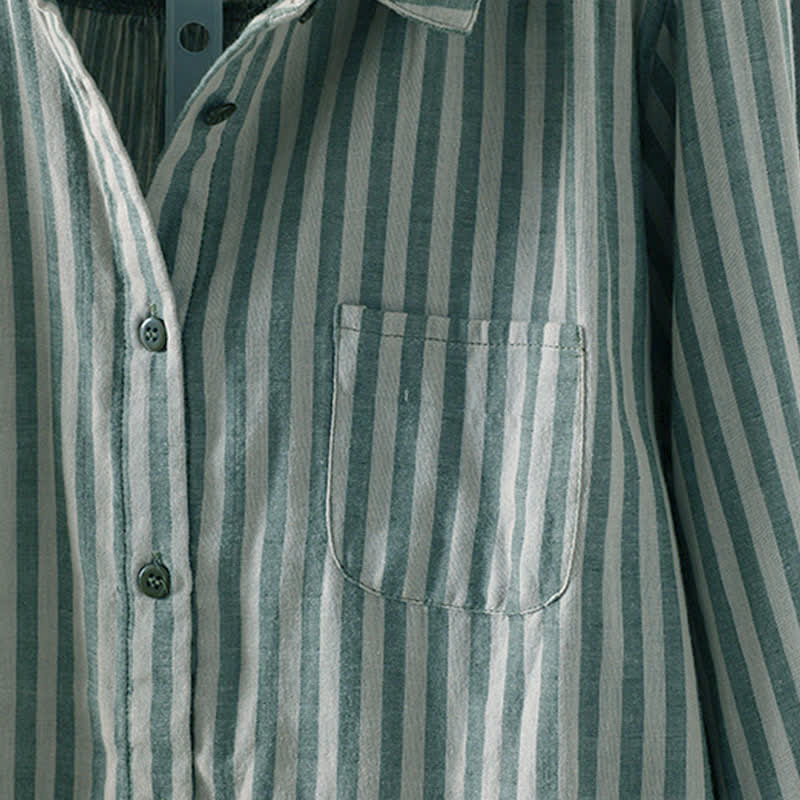 Buddha Stones Camicia da donna in cotone con bottoni e maniche lunghe a righe verticali primaverili e tasche decorative - image 6