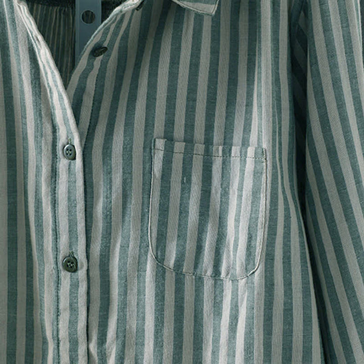 Buddha Stones Camicia da donna in cotone con bottoni e maniche lunghe a righe verticali primaverili e tasche decorative - image 6