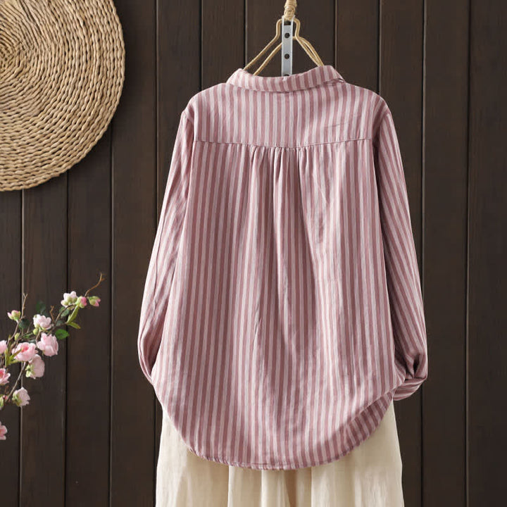 Buddha Stones Camicia da donna in cotone con bottoni e maniche lunghe a righe verticali primaverili e tasche decorative - image 1