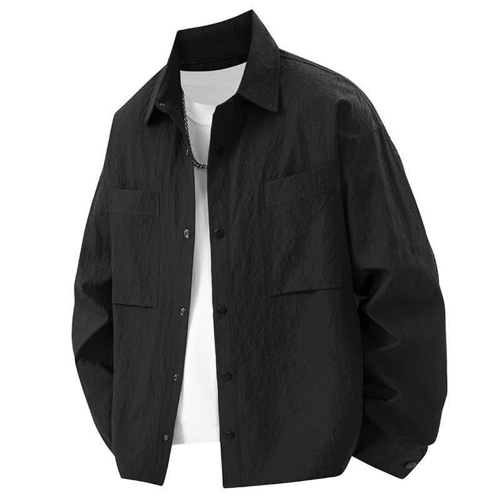 Buddha Stones Camicie da uomo con risvolto, maniche lunghe, bottoni, tinta unita e strutturate, con tasca - Nero - US/UK/AU46, EU56 (3XL) - image 1