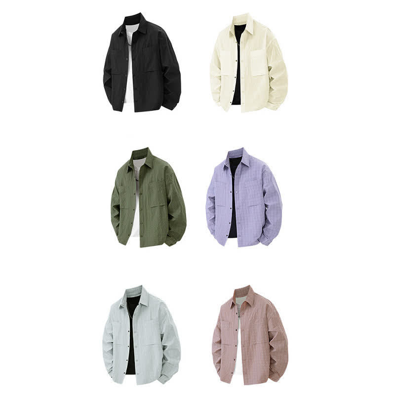 Buddha Stones Camicie da uomo con risvolto, maniche lunghe, bottoni, tinta unita e strutturate, con tasca - image 14