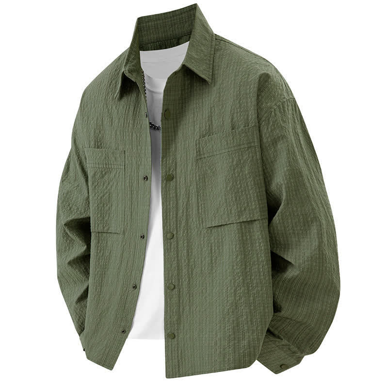 Buddha Stones Camicie da uomo con risvolto, maniche lunghe, bottoni, tinta unita e strutturate, con tasca - Verde oliva - US/UK/AU46, EU56 (3XL) - image 10