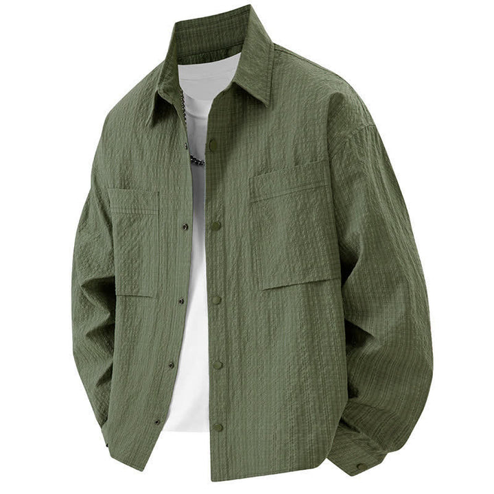 Buddha Stones Camicie da uomo con risvolto, maniche lunghe, bottoni, tinta unita e strutturate, con tasca - Verde oliva - US/UK/AU46, EU56 (3XL) - image 10