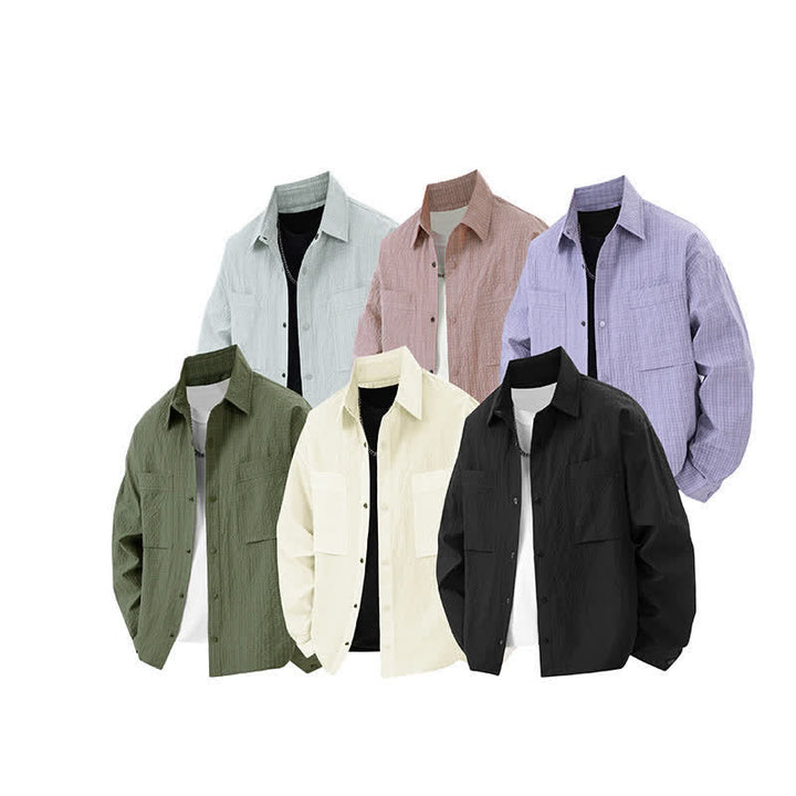 Buddha Stones Camicie da uomo con risvolto, maniche lunghe, bottoni, tinta unita e strutturate, con tasca - image 13