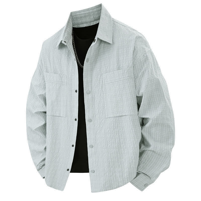 Buddha Stones Camicie da uomo con risvolto, maniche lunghe, bottoni, tinta unita e strutturate, con tasca - Azzurro - US/UK/AU46, EU56 (3XL) - image 9