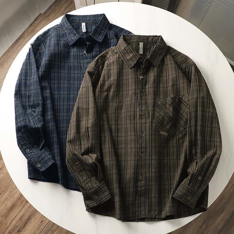 Buddha Stones Camicie a maniche lunghe da uomo in cotone con motivo scozzese ricamato Fall Commute e tasca - image 0