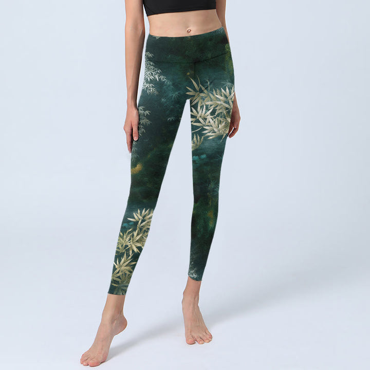 Buddha Stones Eleganti leggings da palestra con stampa a motivo di foglie di bambù, pantaloni da yoga da donna - image 5