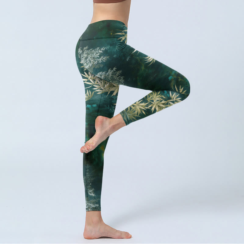 Buddha Stones Eleganti leggings da palestra con stampa a motivo di foglie di bambù, pantaloni da yoga da donna - image 3