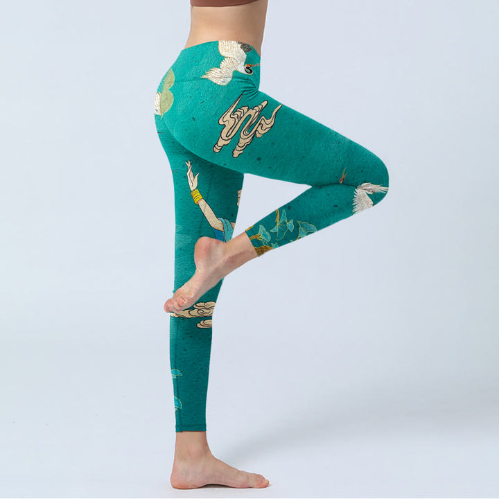 Buddha Stones Eleganti leggings da palestra con stampa di fata, gru, nuvola e pino, pantaloni da yoga da donna - image 3