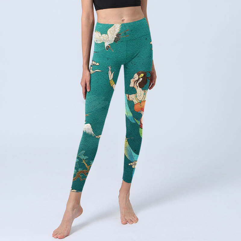 Buddha Stones Eleganti leggings da palestra con stampa di fata, gru, nuvola e pino, pantaloni da yoga da donna - image 5