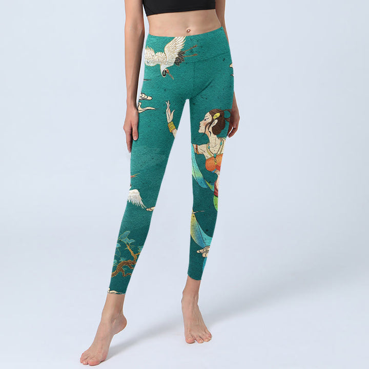 Buddha Stones Eleganti leggings da palestra con stampa di fata, gru, nuvola e pino, pantaloni da yoga da donna - image 5