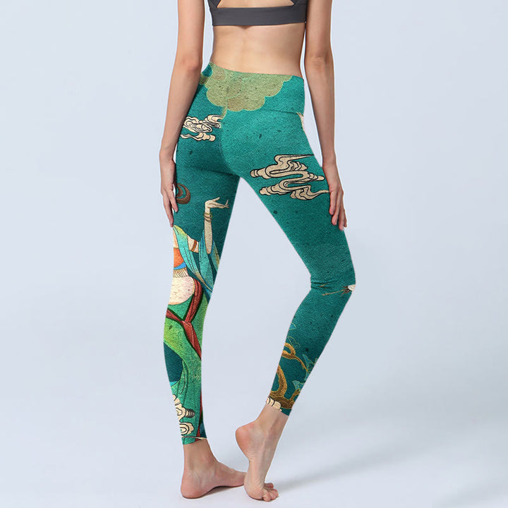 Buddha Stones Eleganti leggings da palestra con stampa di fata, gru, nuvola e pino, pantaloni da yoga da donna - image 4