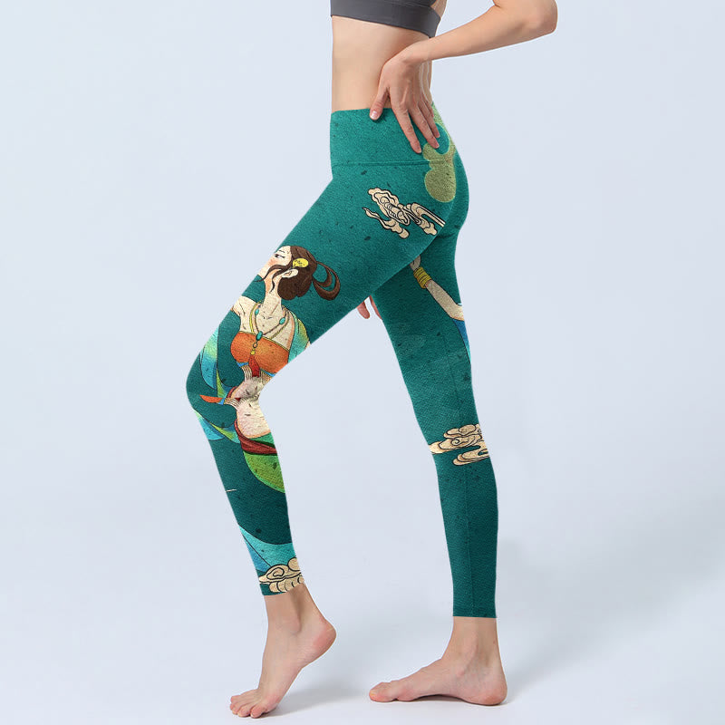 Buddha Stones Eleganti leggings da palestra con stampa di fata, gru, nuvola e pino, pantaloni da yoga da donna - image 2
