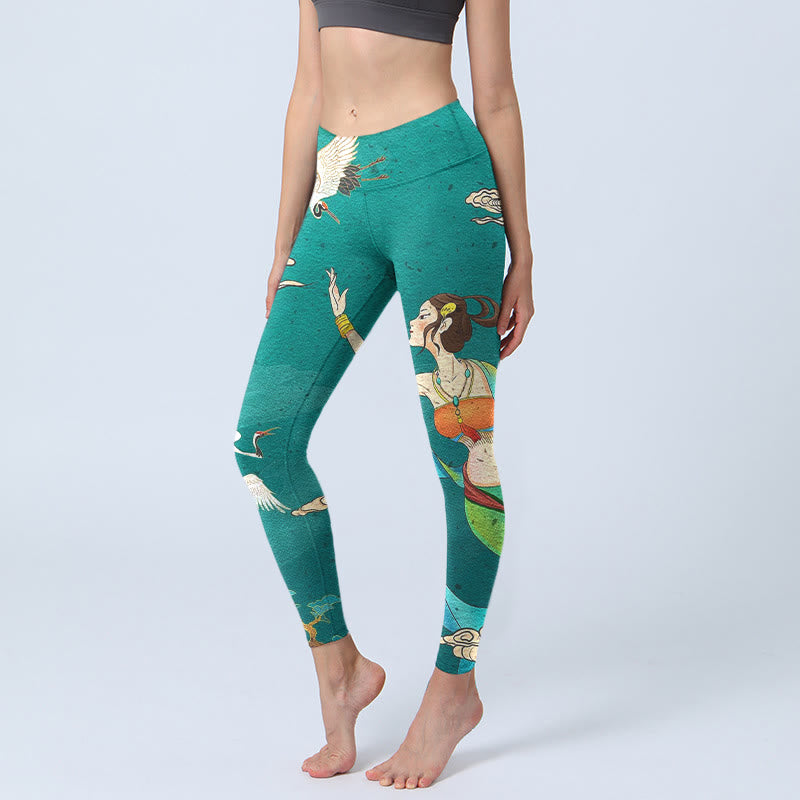 Buddha Stones Eleganti leggings da palestra con stampa di fata, gru, nuvola e pino, pantaloni da yoga da donna - VerdeMare Chiaro - US18, UK/AU22, EU50 (4XL) - image 0